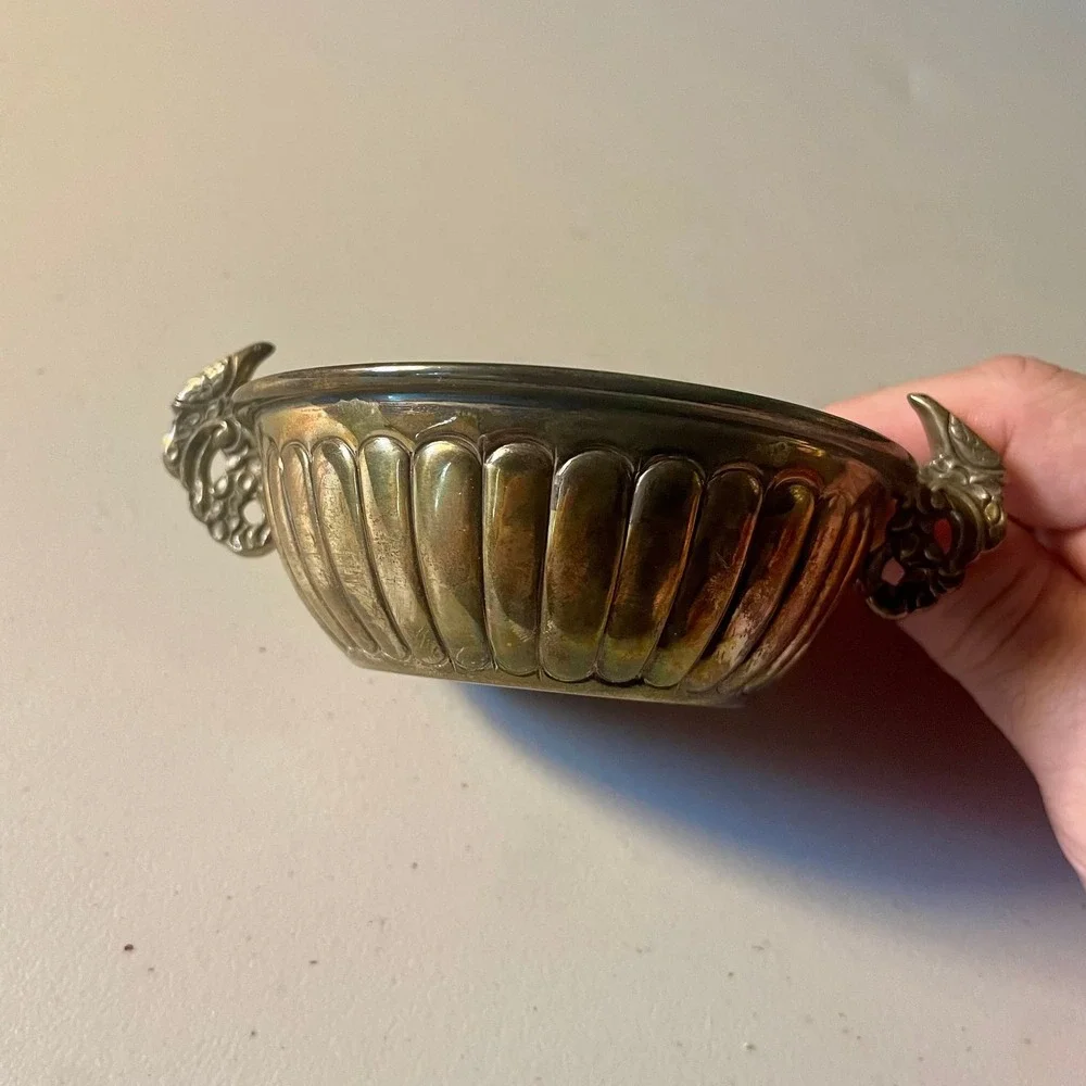 Midcentury Mexican sterling silver double peacock handled bowl by AOM for Tane O